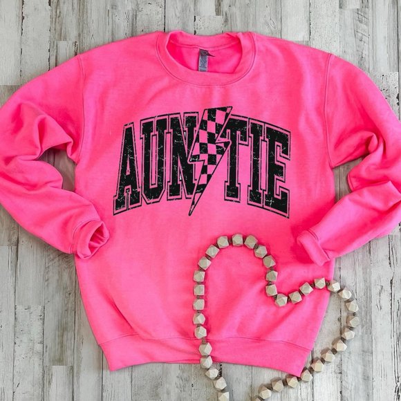 Neon Pink - AUNTIE w/ Checkered Lightning Bolt - Black Ink - Picture 1 of 2